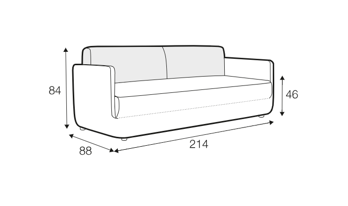 Dessin au trait d'un canapé dont les dimensions sont indiquées : 214 cm de largeur, 88 cm de profondeur, 84 cm de hauteur et 46 cm de hauteur d'assise. Canape Paris by Atelier Bis