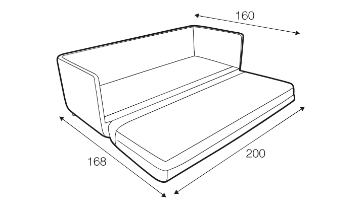 Dessin au trait d'un canapé-lit dont les dimensions sont les suivantes 160 cm de large, 168 cm de profondeur et 200 cm de long lorsqu'il est étendu. Canape Paris by Atelier Bis