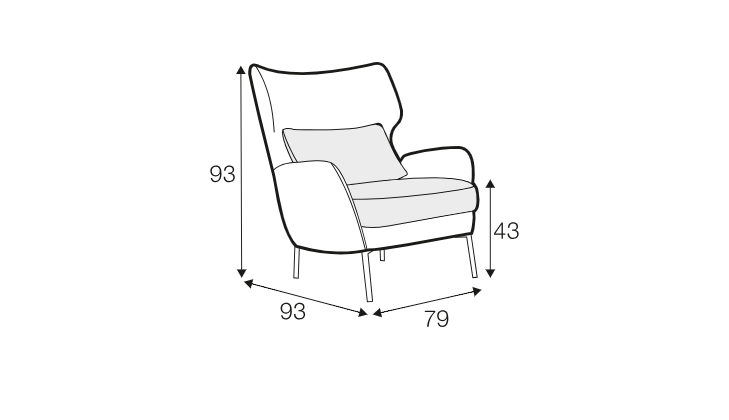 Dessin au trait d'un fauteuil dont les dimensions sont les suivantes : hauteur 93 cm, largeur 93 cm, hauteur d'assise 43 cm, profondeur 79 cm. Canape Paris by Atelier Bis