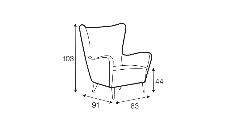 Dessin au trait d'un fauteuil dont les dimensions sont les suivantes 103 cm de hauteur, 91 cm de profondeur et 83 cm de largeur ; la hauteur de l'assise est de 44 cm. Canape Paris by Atelier Bis