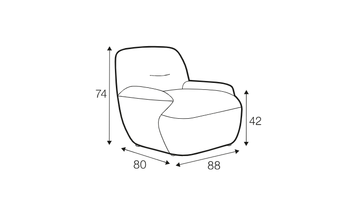 Dessin au trait d'un fauteuil dont les dimensions sont les suivantes 74 cm de hauteur, 80 cm de profondeur, 88 cm de largeur et 42 cm de hauteur d'assise. Canape Paris by Atelier Bis