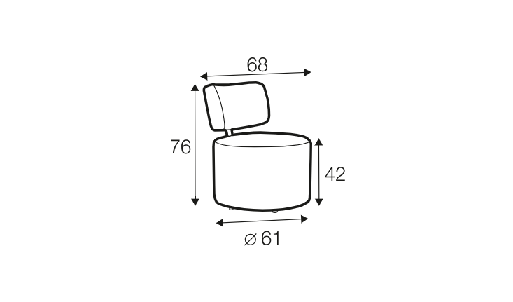 Dessin au trait d'un tabouret rond avec dossier, étiqueté avec les dimensions : 68 cm de largeur, 76 cm de hauteur et 61 cm de diamètre. Canape Paris by Atelier Bis