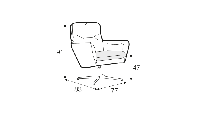 Dessin au trait d'un fauteuil dont les dimensions sont les suivantes : hauteur 91 cm, hauteur d'assise 47 cm, largeur 83 cm, profondeur 77 cm. Canape Paris by Atelier Bis