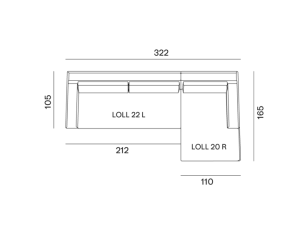 Dessin technique d'un canapé en L avec des dimensions indiquées en lignes noires et blanches, mettant en valeur la qualité exquise attendue du design parisien. Canape Paris by Atelier Bis