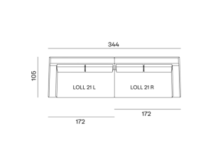 Dessin technique des dimensions du canapé, parfait pour un showroom parisien, montrant une longueur de 344 cm, une profondeur de 103 cm et deux sections de 172 cm. Canape Paris by Atelier Bis