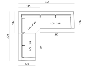 Schéma d'un canapé en L avec dimensions en millimètres, disponible dans notre showroom parisien, présentant des sections et une disposition détaillées. Canape Paris by Atelier Bis