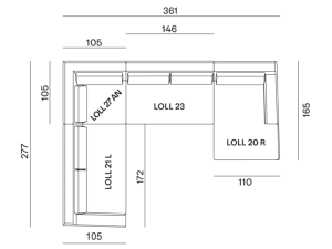 Illustration d'un canapé en L avec des mesures détaillées en centimètres sur fond noir, parfait pour votre appartement parisien. Canape Paris by Atelier Bis