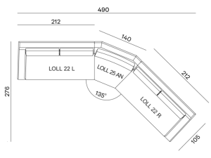 Plan d'étage avec dimensions illustrant une disposition en L, parfaite pour un showroom de style parisien. Il dispose d'un espace bar confortable idéal pour se détendre avec un canapé. Canape Paris by Atelier Bis