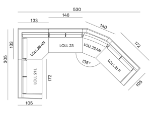 Schéma d'agencement de cuisine en L avec des mesures de qualité d'exposition en centimètres, illustrant les sections des armoires et du comptoir. Canape Paris by Atelier Bis