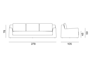 Schéma d'un canapé aux dimensions : largeur 278 cm, profondeur 105 cm, hauteur 82 cm, hauteur d'assise 42 cm, hauteur d'accoudoir 62 cm. Fabriqué avec qualité pour les goûts raffinés de Paris. Canape Paris by Atelier Bis