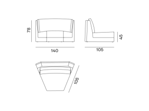 Dessin technique d'un canapé aux dimensions : 140cm de largeur, 105cm de profondeur, 78cm de hauteur, hauteur d'assise 43cm. Inspirée de l'élégance parisienne, cette pièce allie prix et qualité pour l'acheteur exigeant. Canape Paris by Atelier Bis