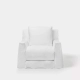 Fauteuil en lin blanc sur fond gris clair, rappelant l'élégance parisienne, incarnant un savoir-faire de qualité. Canape Paris by Atelier Bis