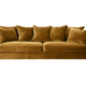 Un canapé en velours jaune moutarde avec cinq coussins repose élégamment sur un fond blanc immaculé, respirant à la fois le style et la qualité. Canape Paris by Atelier Bis