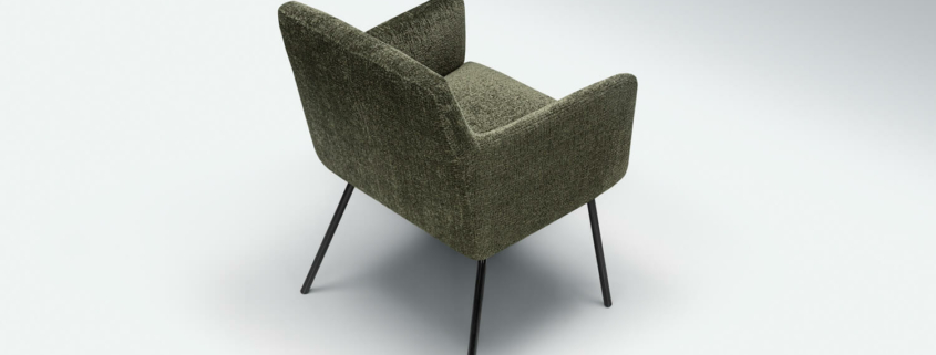 Fauteuil Moa Bistro en tissu bleu clair dans une chambre minimaliste Le fauteuil en tissu bleu clair se trouve dans une chambre minimaliste avec des murs blancs et des meubles en bois clair.