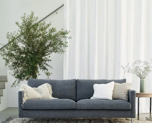 Canapé gris moderne avec coussins, tapis texturé, grande plante et rideaux blancs dans un salon lumineux. Canape Paris by Atelier Bis