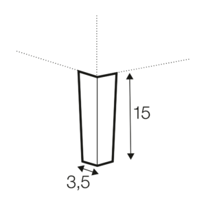 Un prisme trapézoïdal vertical d'une hauteur de 15 et d'une largeur de base de 3,5, étiqueté avec des dimensions. Canape Paris by Atelier Bis