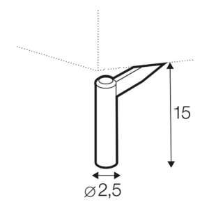 Schéma d'un objet cylindrique avec une extension pointue, étiqueté 15 de haut et 2,5 de diamètre. Canape Paris by Atelier Bis