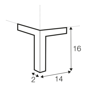 Objet 3D noir en forme de T avec des dimensions étiquetées : 16 de haut, 14 de large et 2 d'épaisseur. Canape Paris by Atelier Bis