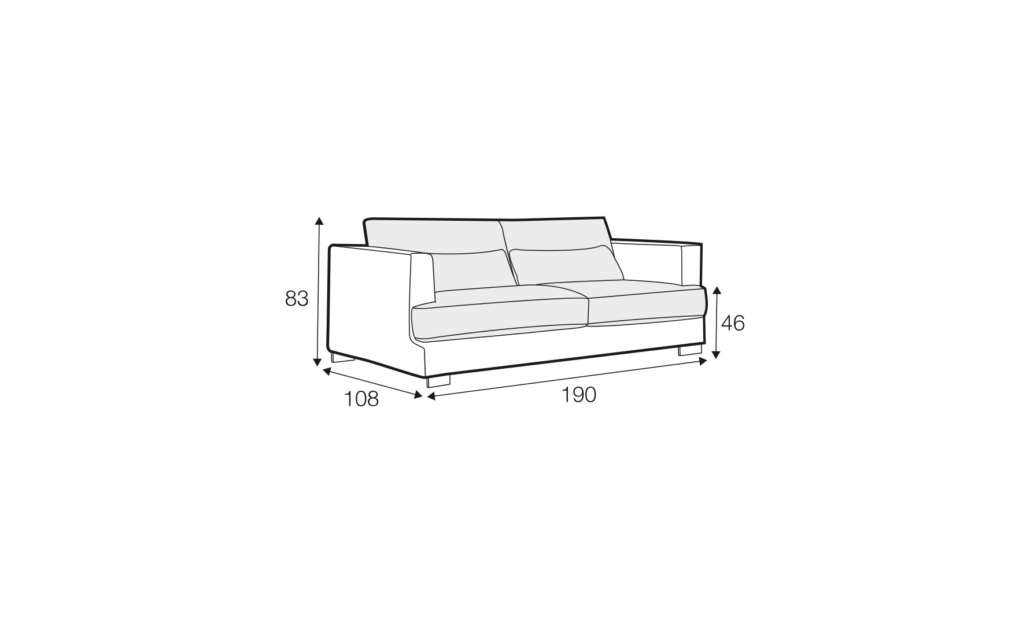 Dessin au trait d'un canapé dont les dimensions sont les suivantes 190 cm de largeur, 108 cm de profondeur, 83 cm de hauteur, hauteur d'assise 46 cm. Canape Paris by Atelier Bis