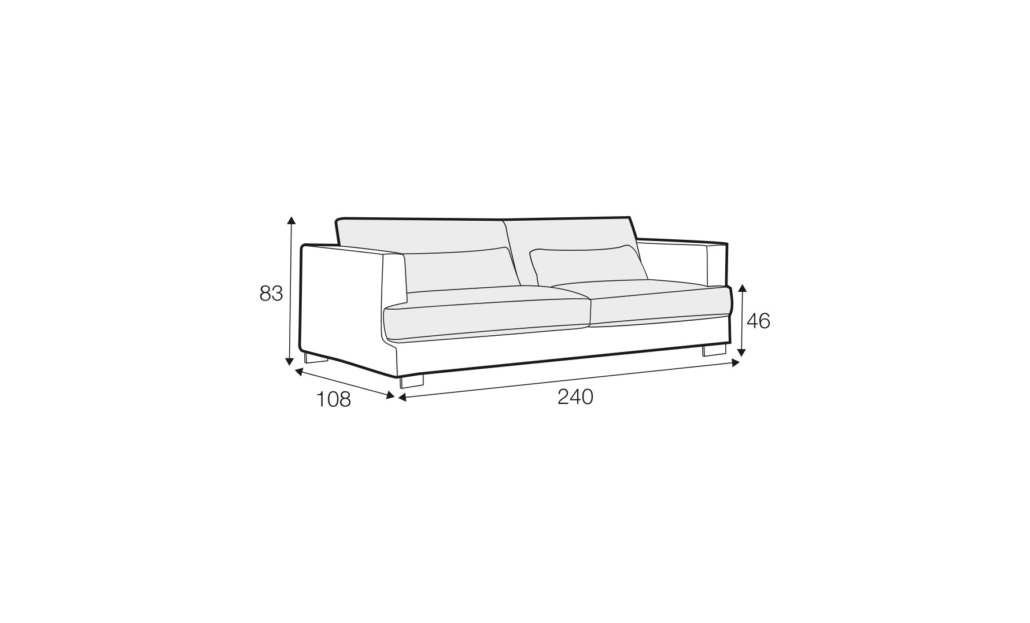 Dessin au trait d'un canapé aux dimensions étiquetées : 240 cm de largeur, 108 cm de profondeur, 83 cm de hauteur et 46 cm de hauteur d'assise. Canape Paris by Atelier Bis