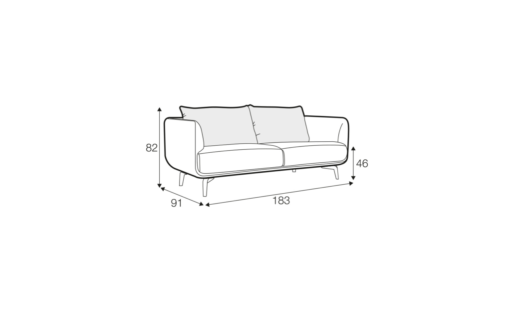 Dessin au trait d'un canapé aux dimensions étiquetées : 82 cm de hauteur, 91 cm de profondeur, 183 cm de largeur et 46 cm de hauteur d'assise. Canape Paris by Atelier Bis
