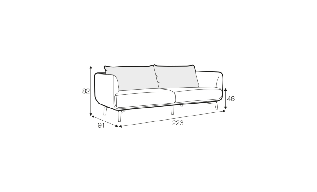 Dessin au trait d'un canapé dont les dimensions sont les suivantes 82 cm de haut, 223 cm de large, 91 cm de profondeur et 46 cm de hauteur d'assise. Canape Paris by Atelier Bis