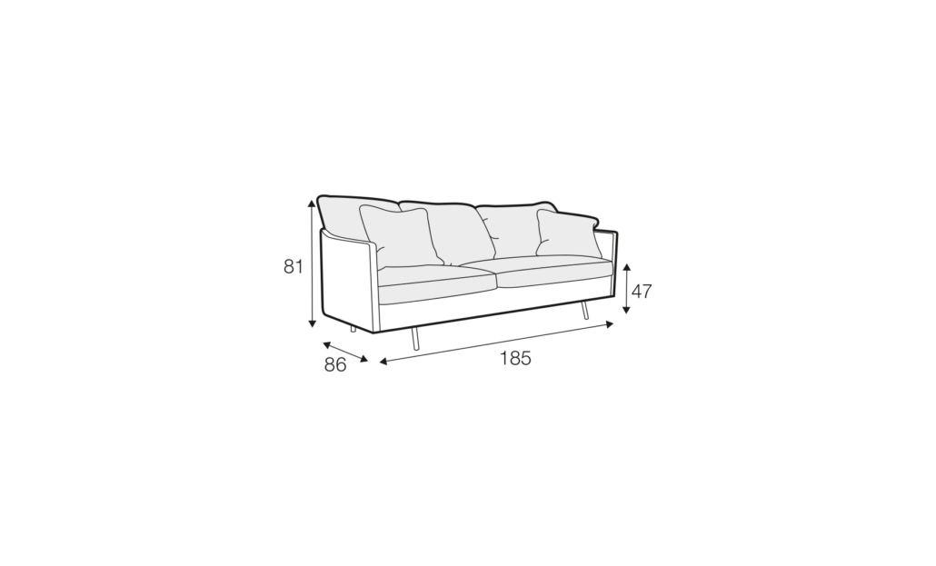 Dessin au trait d'un canapé dont les dimensions sont les suivantes : 185 cm de largeur, 86 cm de profondeur, 81 cm de hauteur et une hauteur d'assise de 47 cm. Canape Paris by Atelier Bis