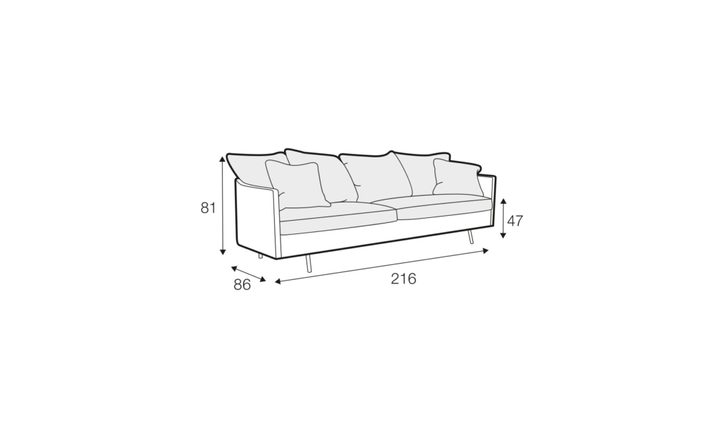 Dessin au trait d'un canapé dont les dimensions sont les suivantes 216 cm de largeur, 86 cm de profondeur, 81 cm de hauteur et 47 cm de hauteur d'assise. Canape Paris by Atelier Bis