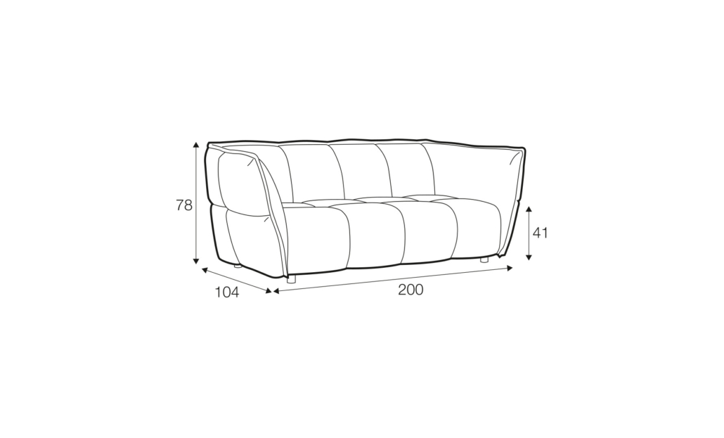 Dessin au trait d'un canapé dont les dimensions sont les suivantes : 200 cm de largeur, 104 cm de profondeur, 78 cm de hauteur et une hauteur d'assise de 41 cm. Canape Paris by Atelier Bis