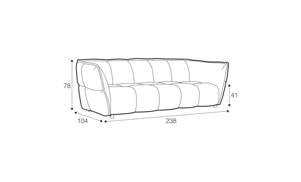 Dessin au trait d'un canapé dont les dimensions sont les suivantes 238 cm de largeur, 104 cm de profondeur, 78 cm de hauteur, hauteur d'assise 41 cm. Canape Paris by Atelier Bis