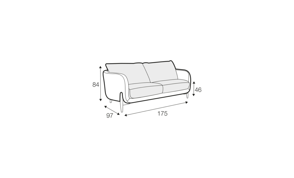Dessin au trait d'un canapé dont les dimensions sont indiquées : 84 cm de hauteur, 97 cm de profondeur, 175 cm de largeur et 46 cm de hauteur d'assise. Canape Paris by Atelier Bis