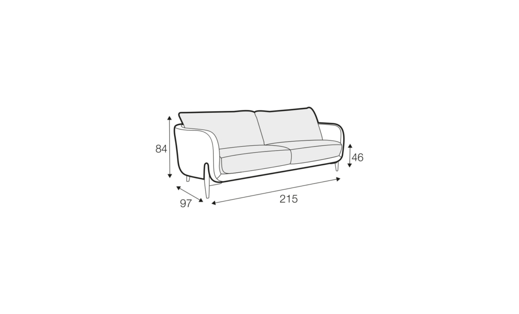 Dessin au trait d'un canapé dont les dimensions sont les suivantes : hauteur 84 cm, largeur 215 cm, profondeur 97 cm et hauteur d'assise 46 cm. Canape Paris by Atelier Bis