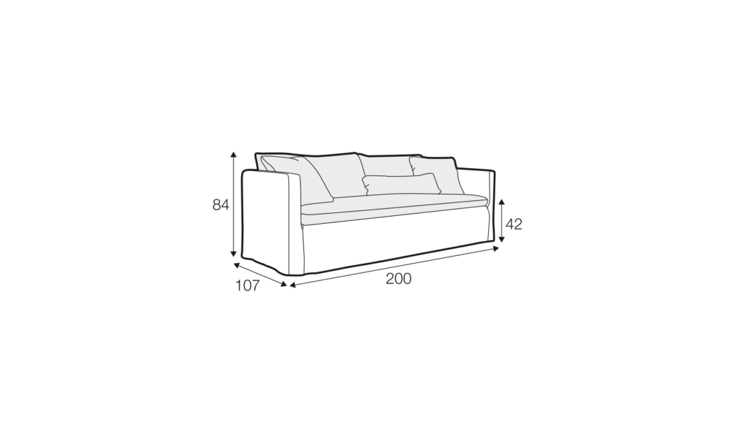 Dessin au trait d'un canapé dont les dimensions sont les suivantes 84 cm de hauteur, 107 cm de profondeur, 200 cm de largeur et 42 cm de hauteur d'assise. Canape Paris by Atelier Bis