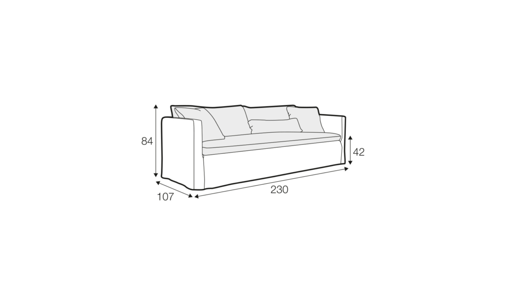 Dessin au trait d'un canapé dont les dimensions sont les suivantes 230 cm de largeur, 107 cm de profondeur, 84 cm de hauteur, hauteur d'assise 42 cm. Canape Paris by Atelier Bis