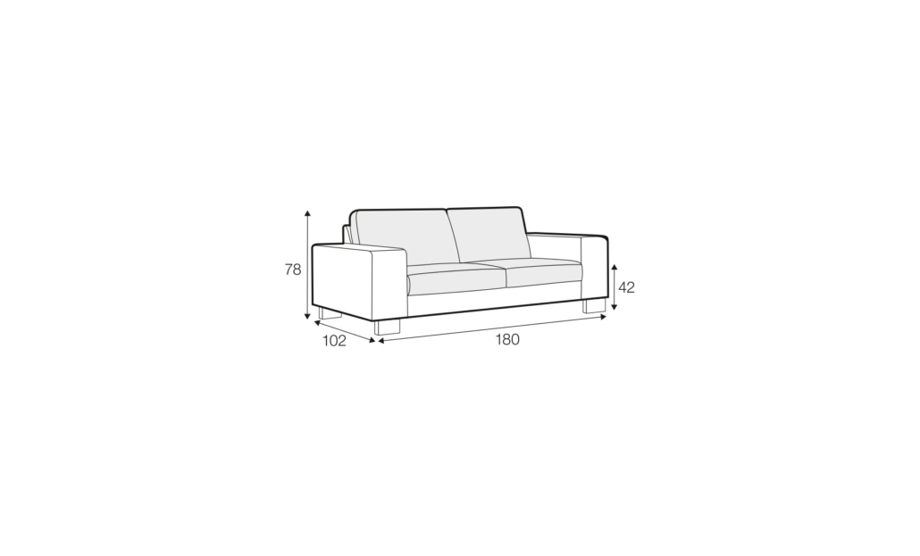 Dessin au trait d'un canapé dont les dimensions sont les suivantes : 180 cm de largeur, 102 cm de profondeur, 78 cm de hauteur et une hauteur d'assise de 42 cm. Canape Paris by Atelier Bis