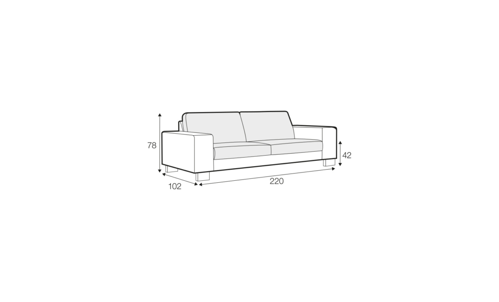 Dessin au trait d'un canapé dont les dimensions sont les suivantes : largeur 220 cm, profondeur 102 cm, hauteur 78 cm et hauteur d'assise 42 cm. Canape Paris by Atelier Bis