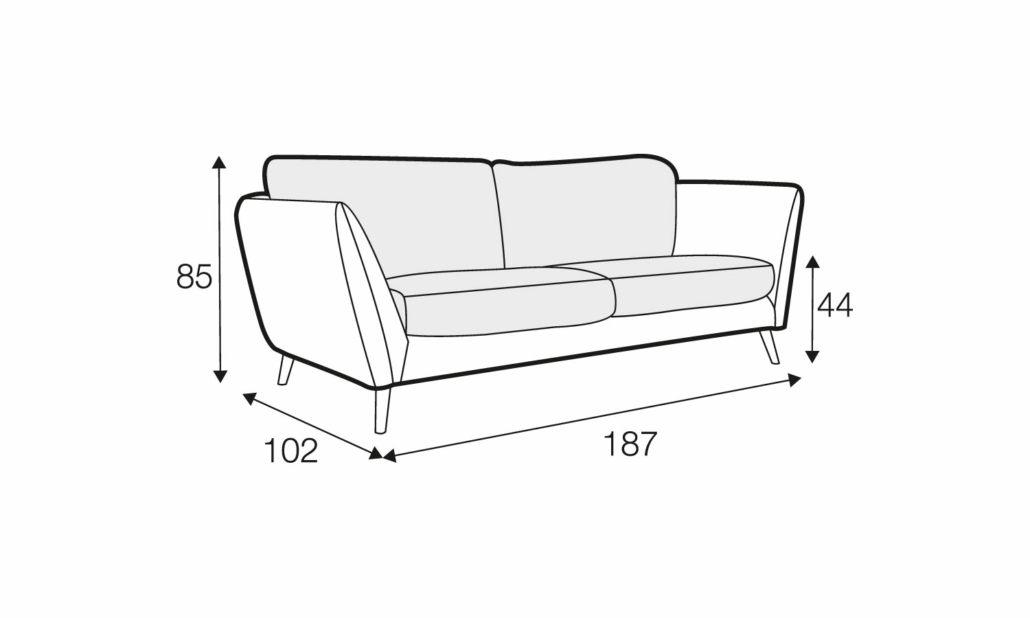 Dessin au trait d'un canapé dont les dimensions sont les suivantes : 85 cm de haut, 44 cm de hauteur d'assise, 102 cm de profondeur et 187 cm de largeur. Canape Paris by Atelier Bis