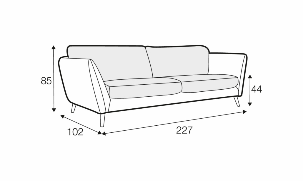Dessin au trait d'un canapé dont les dimensions sont les suivantes 85 cm de hauteur, 102 cm de profondeur, 227 cm de largeur, hauteur d'assise 44 cm. Canape Paris by Atelier Bis