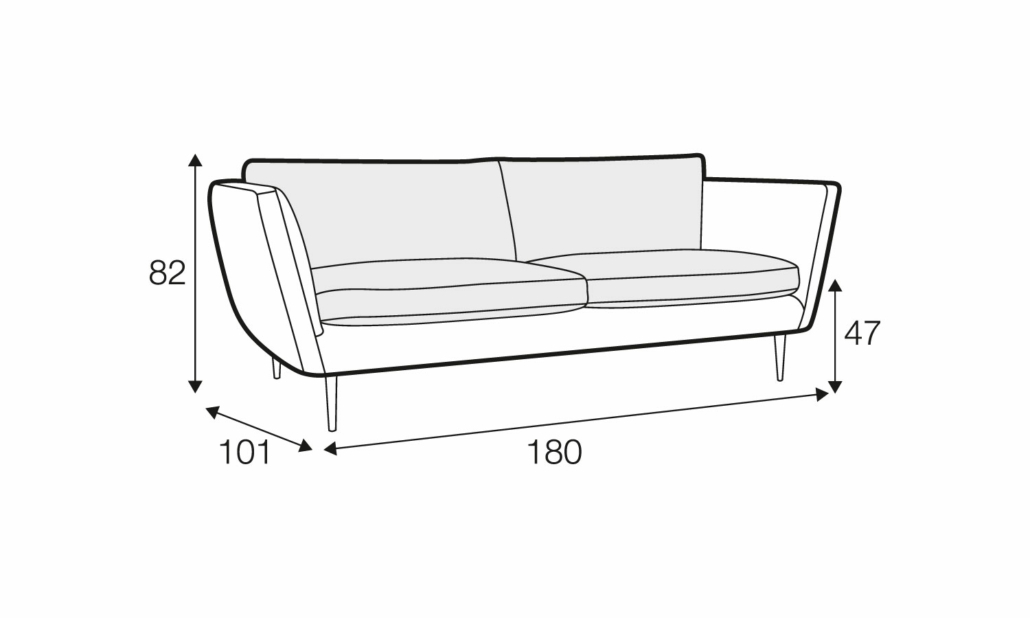 Dessin au trait d'un canapé dont les dimensions sont les suivantes : 180 cm de largeur, 101 cm de profondeur, 82 cm de hauteur et 47 cm de hauteur d'assise. Canape Paris by Atelier Bis