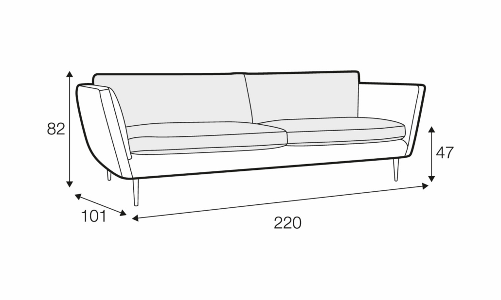 Dessin au trait d'un canapé dont les dimensions sont les suivantes 220 cm de largeur, 101 cm de profondeur, 82 cm de hauteur et 47 cm de hauteur d'assise. Canape Paris by Atelier Bis