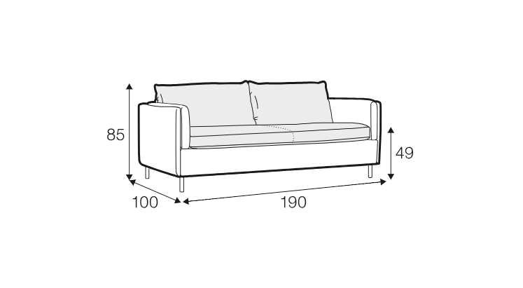 Dessin au trait d'un canapé dont les dimensions sont les suivantes 190 cm de largeur, 100 cm de profondeur, 85 cm de hauteur et 49 cm de hauteur d'assise. Canape Paris by Atelier Bis