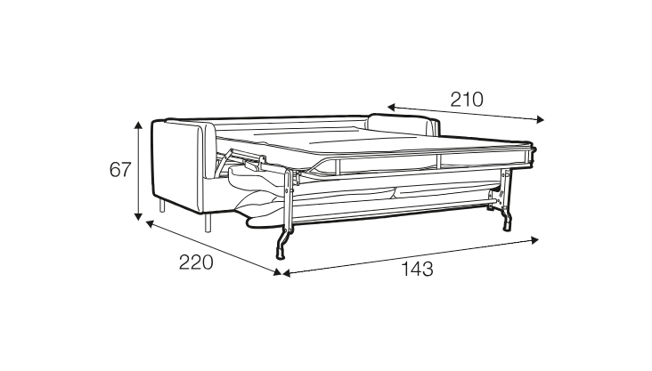 Dessin au trait d'un canapé-lit avec matelas allongé, indiquant les dimensions : 220x210x67 cm et largeur du matelas 143 cm. Canape Paris by Atelier Bis