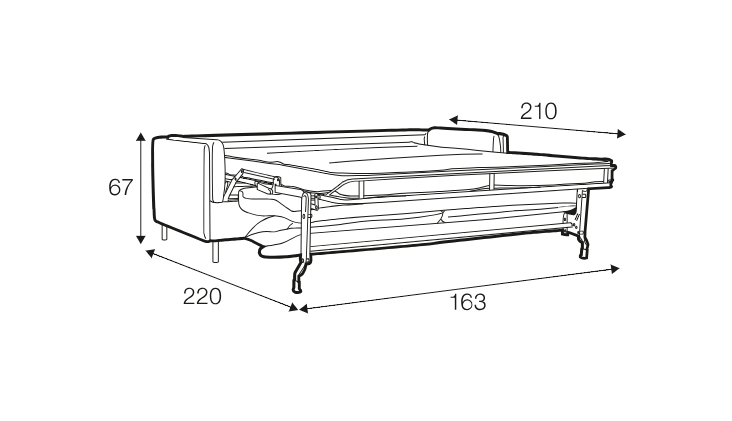 Dessin au trait d'un canapé-lit dont les dimensions sont les suivantes 67 cm de haut, 220 cm de long, 210 cm de large et 163 cm de longueur de matelas. Canape Paris by Atelier Bis