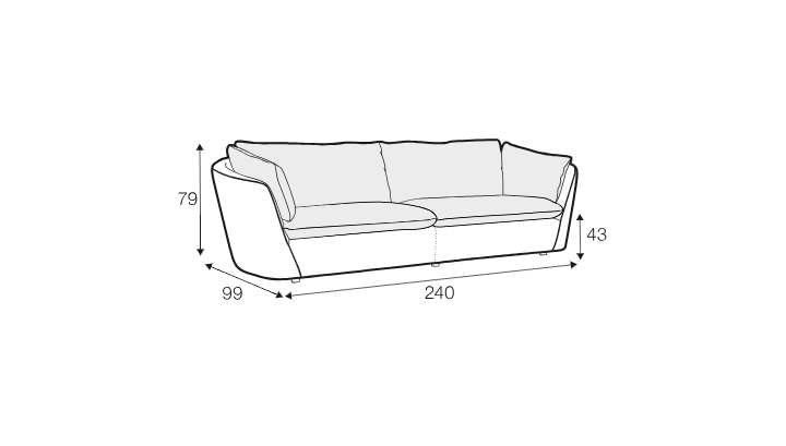 Dessin au trait d'un canapé dont les dimensions sont les suivantes : 240 cm de largeur, 99 cm de profondeur, 79 cm de hauteur et une hauteur d'assise de 43 cm. Canape Paris by Atelier Bis