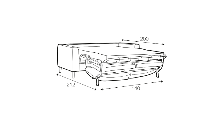 Dessin au trait d'un canapé-lit dont les dimensions sont les suivantes : 212 cm de large, 200 cm de long et 140 cm de largeur de matelas. Canape Paris by Atelier Bis