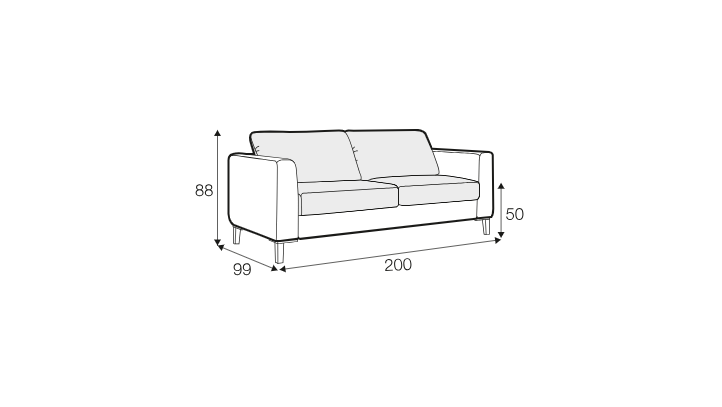 Dessin au trait d'un canapé dont les dimensions sont les suivantes : 88 cm de haut, 200 cm de large et 99 cm de profondeur : 88 cm de haut, 200 cm de large et 99 cm de profondeur ; la hauteur de l'assise est de 50 cm. Canape Paris by Atelier Bis