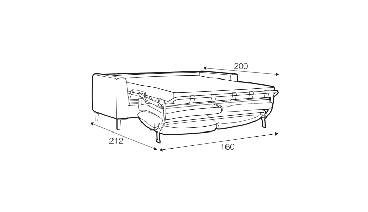 Dessin au trait d'un canapé-lit aux dimensions suivantes : largeur 212 cm, longueur 200 cm et largeur 160 cm. Canape Paris by Atelier Bis