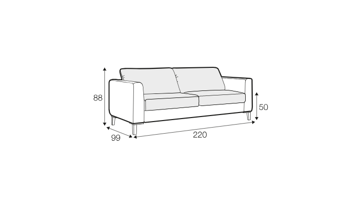 Dessin au trait d'un canapé dont les dimensions sont indiquées : 88 cm de hauteur, 99 cm de profondeur, 220 cm de largeur et 50 cm de hauteur d'assise. Canape Paris by Atelier Bis
