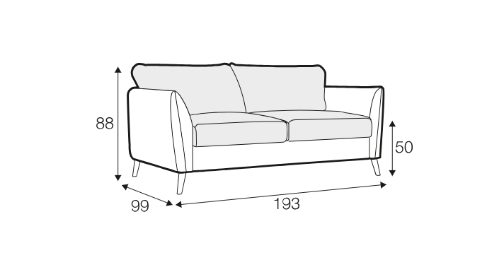 Dessin au trait d'un canapé aux dimensions étiquetées : hauteur 88 cm, profondeur 99 cm, hauteur d'assise 50 cm, largeur 193 cm. Canape Paris by Atelier Bis