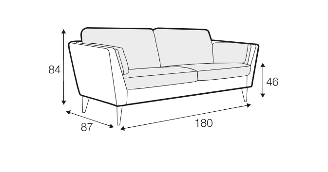 Dessin au trait d'un canapé dont les dimensions sont indiquées : 84 cm de hauteur, 87 cm de profondeur, 180 cm de largeur, 46 cm de hauteur d'assise. Canape Paris by Atelier Bis